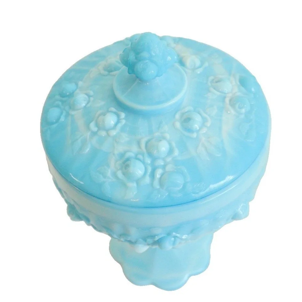 VTG Fenton Pedestal Dish with Lid Cabbage Rose Blue White Swirl Glass